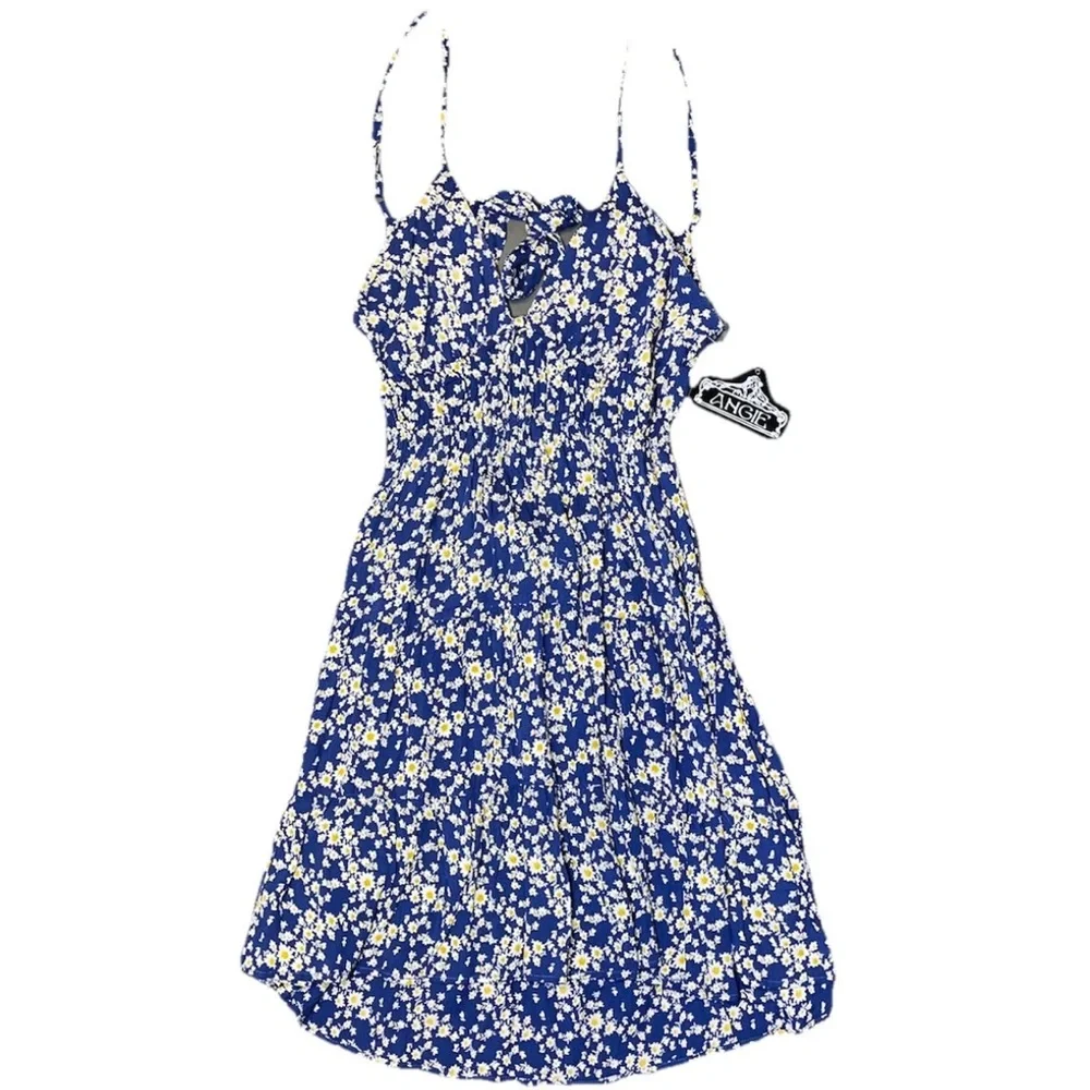 Angie Blue White Floral Sundress Short Open Tie Back Ladies Large NWT